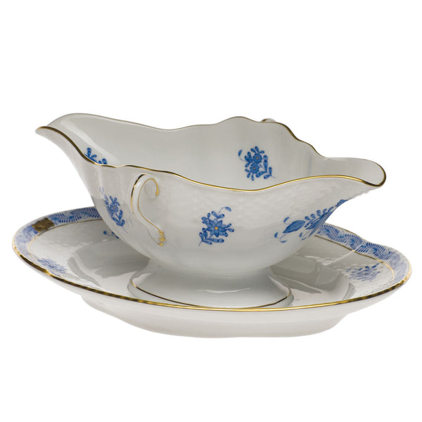 Chinese Bouquet Blue Gravy Boat with Fixed Stand