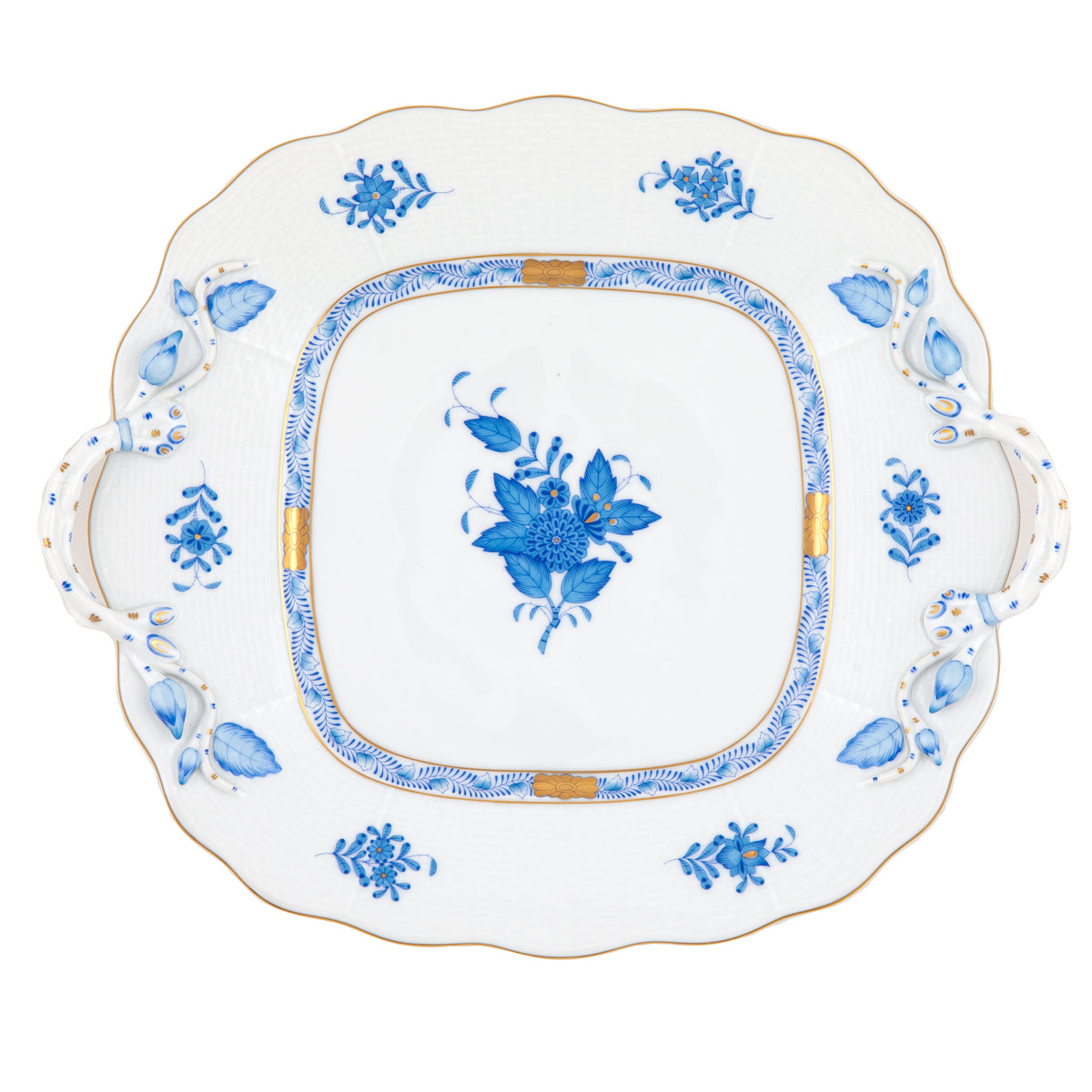 Chinese Bouquet Blue Square Cake Plate with Handles