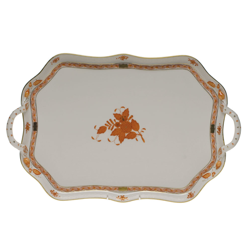 Chinese Bouquet Rust Rec Tray with Branch Handles