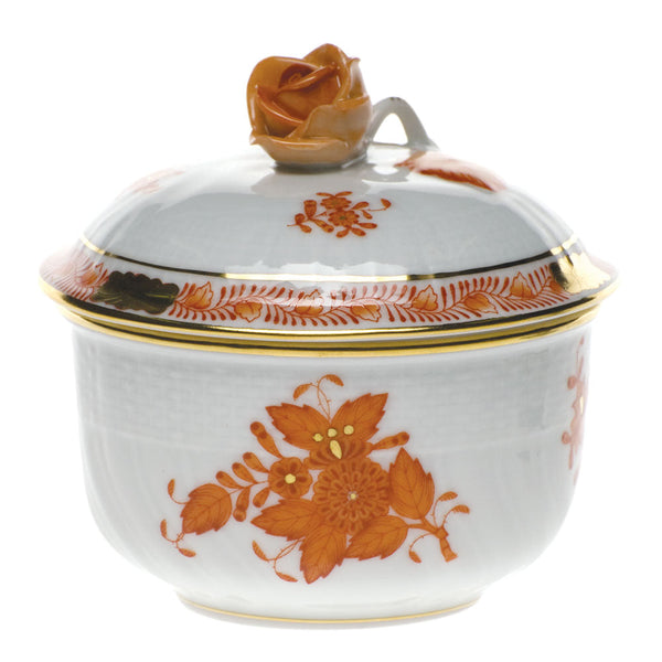 Chinese Bouquet Rust Covered Sugar with Rose, Motif 9, 4 oz, 3.25″ tall