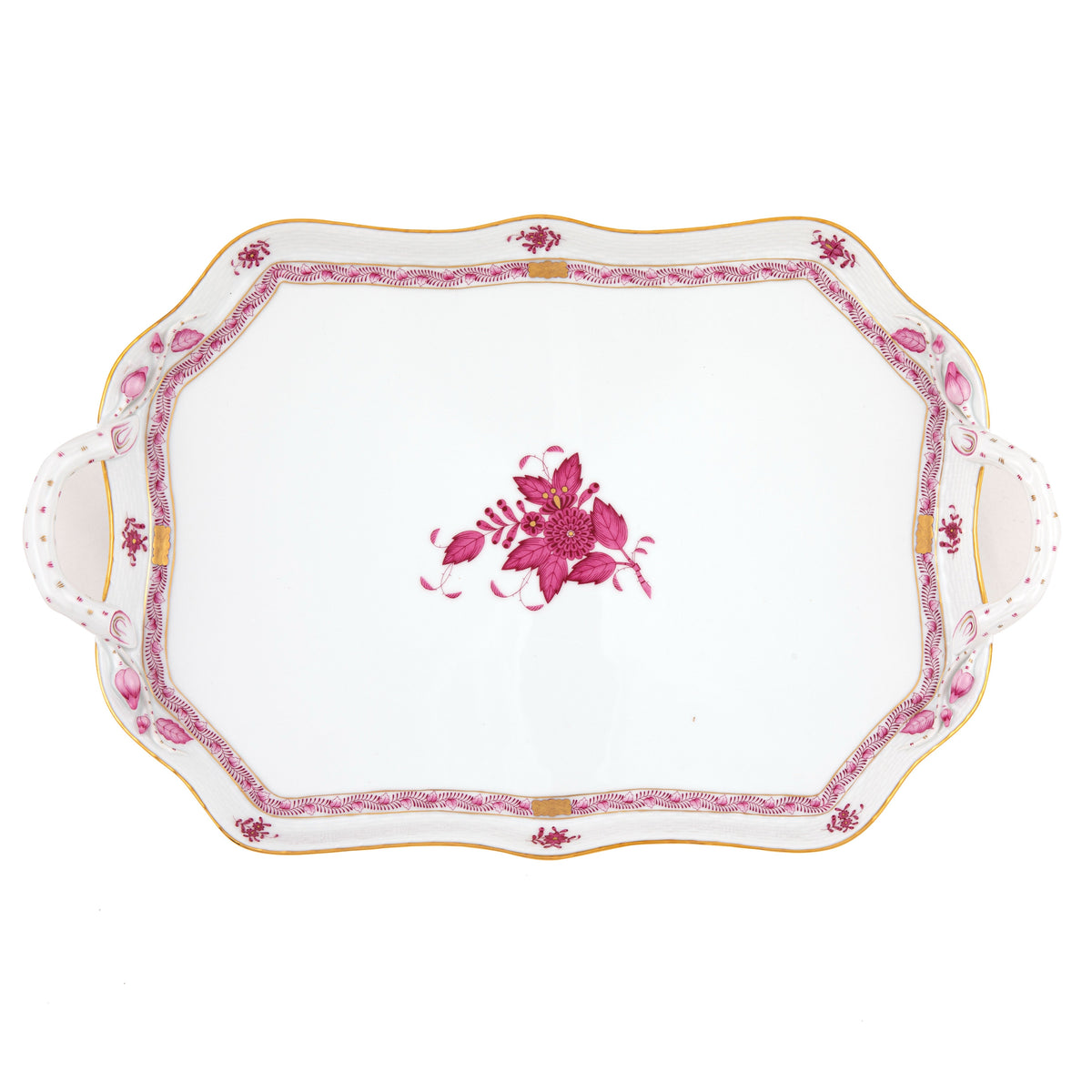 Chinese Bouquet Raspberry Rec Tray with Branch Handles