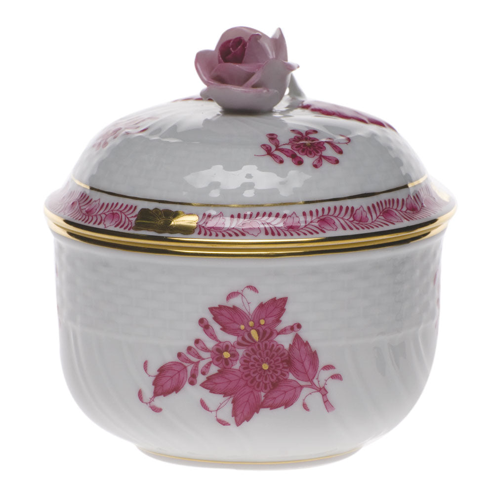 Chinese Bouquet Raspberry Covered Sugar with Rose, Motif 9, 6 oz, 4″ tall