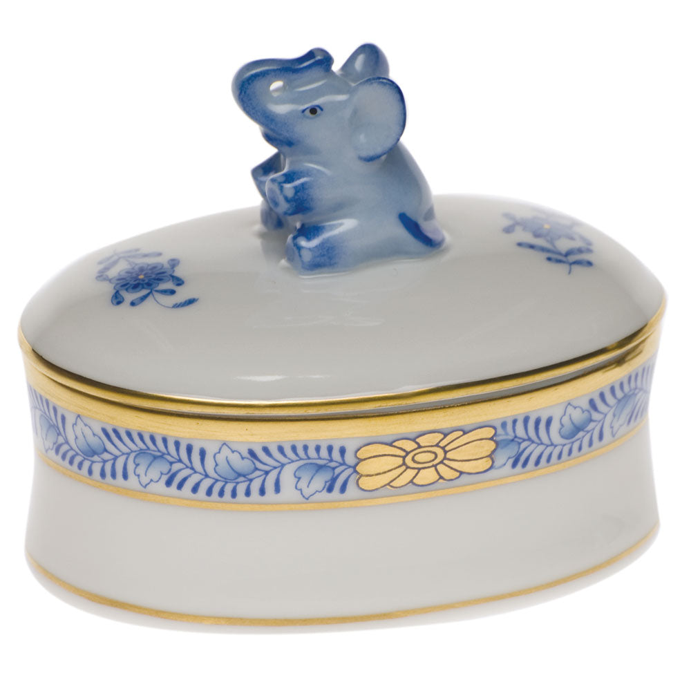 Chinese Bouquet Garland Blue Oval Box with Elephant, Motif 95