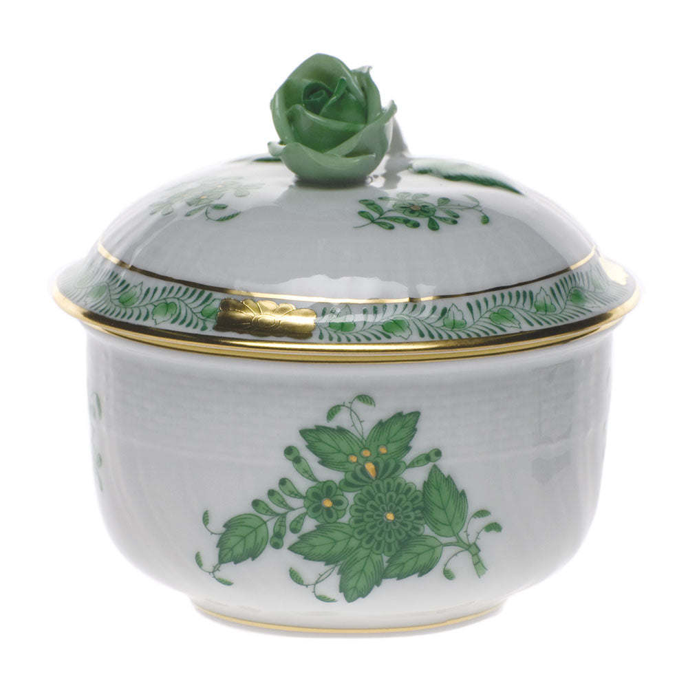 Chinese Bouquet Green Covered Sugar with Rose, Motif 9, 4 oz, 3.25″ tall