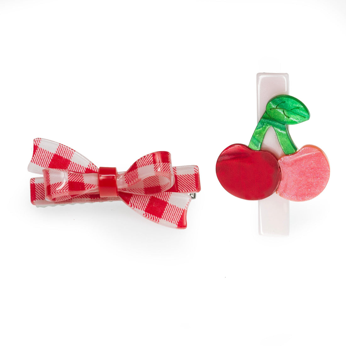 Cherry & Red Checkered Bow Hair Clips -Spr
