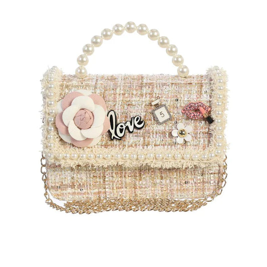 Nude Tweed Purse with Pearl Handle