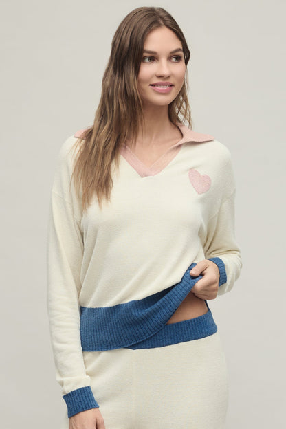 CozyChic Ultra Lite¬Æ Color Block Heart Collared Pullover
