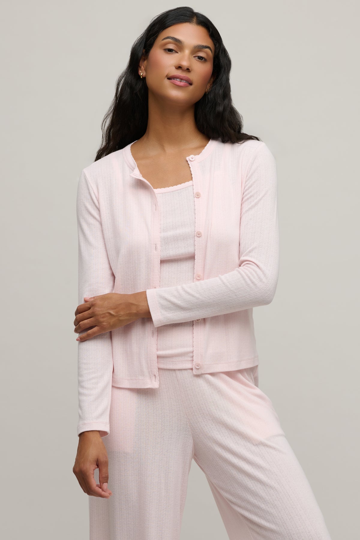 Pointelle Rib Cardigan with Scallop Trim - Pink Sand