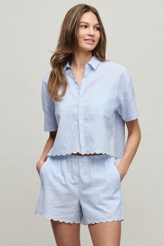 Linen Blend Stripe Shirt with Scallop