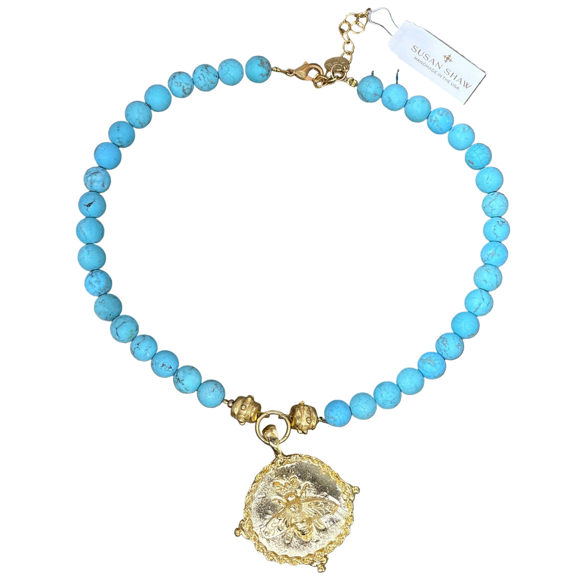 Gold Bee on Matte Turquoise Necklace