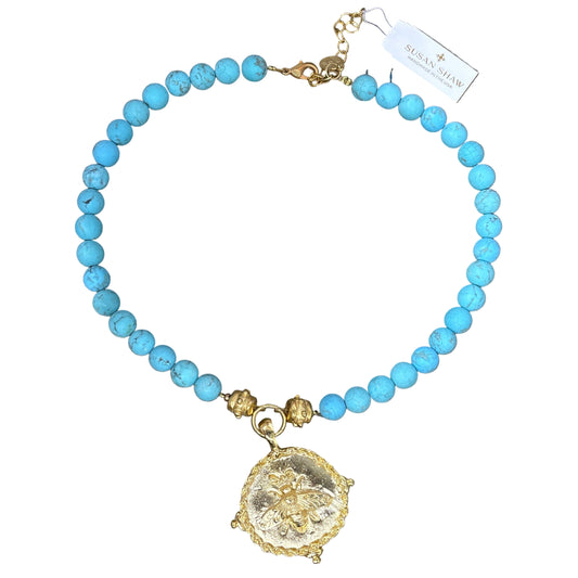 Gold Bee on Matte Turquoise Necklace