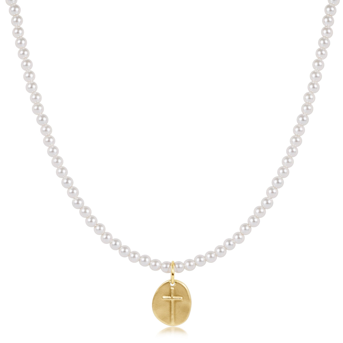 17" choker beaded - classic pearl 3mm - inspire small gold disc