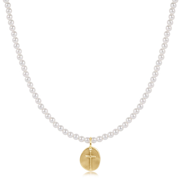 17" choker beaded - classic pearl 3mm - inspire small gold disc