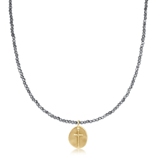 choker silver faceted hematite 2mm bead - inspire small gold charm