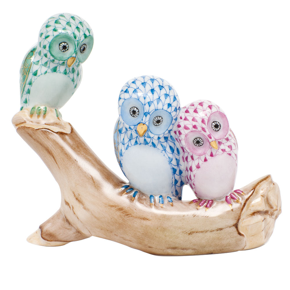 Owls On Branch — Green & Blue & Raspberry