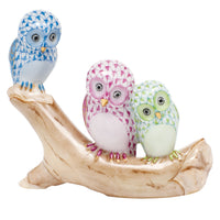 Owls On Branch — Blue & Raspberry & Green
