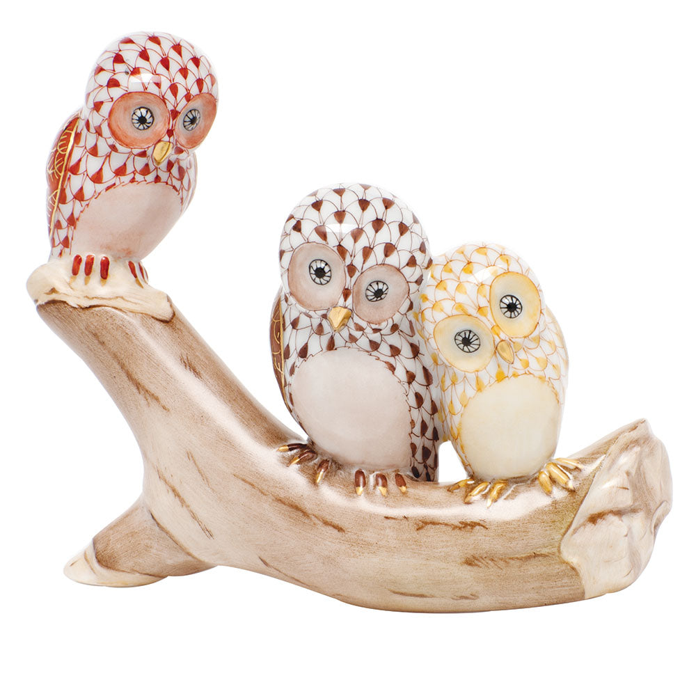 Owls On Branch — Rust & Chocolate & Butterscotch