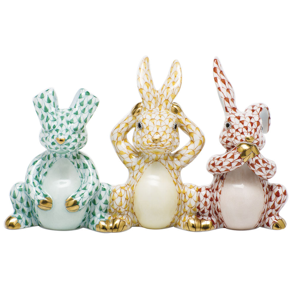 Three Wise Bunnies — Green & Butterscotch & Rust