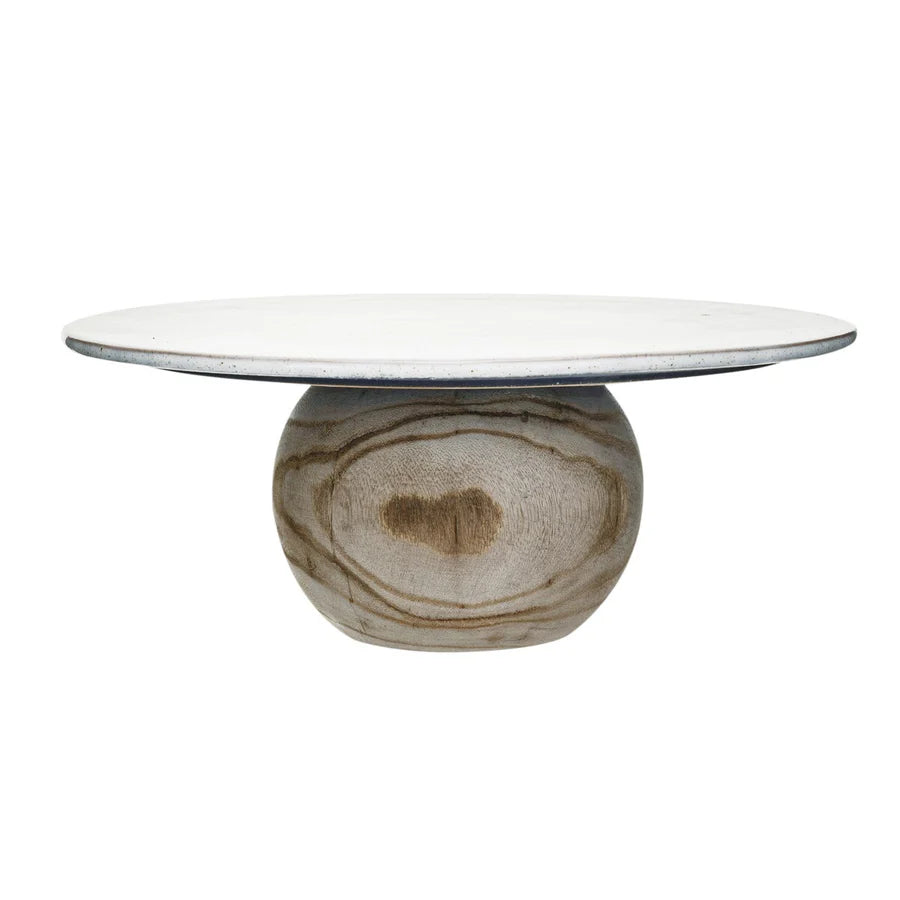 Speckled Stoneware Pedestal with Paulownia Wood Ball Base