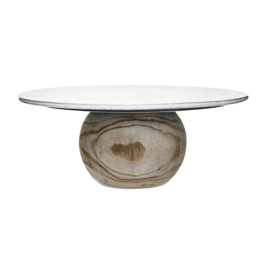 Speckled Stoneware Pedestal with Paulownia Wood Ball Base
