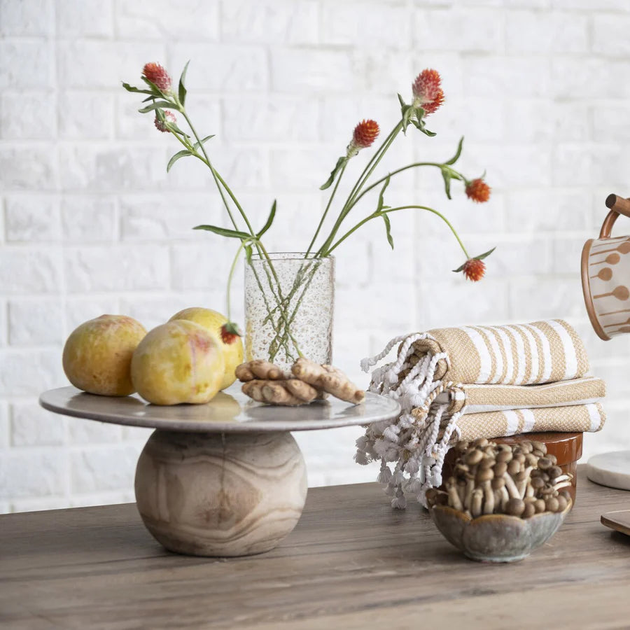Speckled Stoneware Pedestal with Paulownia Wood Ball Base