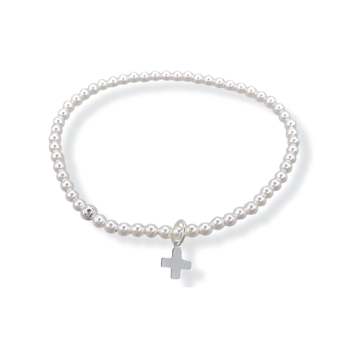 signature cross charm 3mm pearl bead bracelet