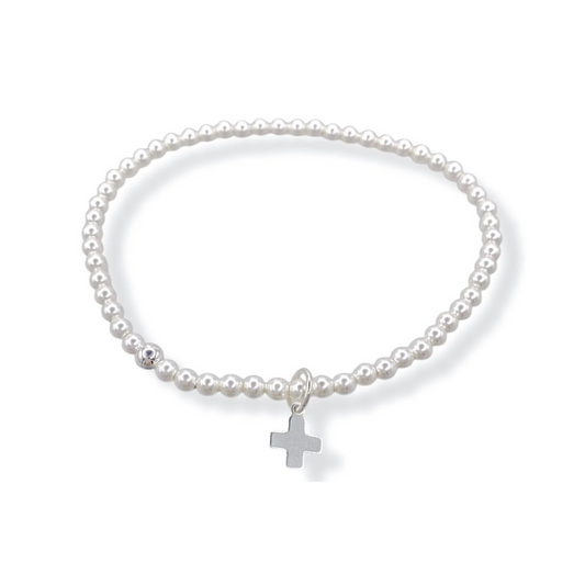 Signature Cross Charm 3mm Pearl Bead Bracelet
