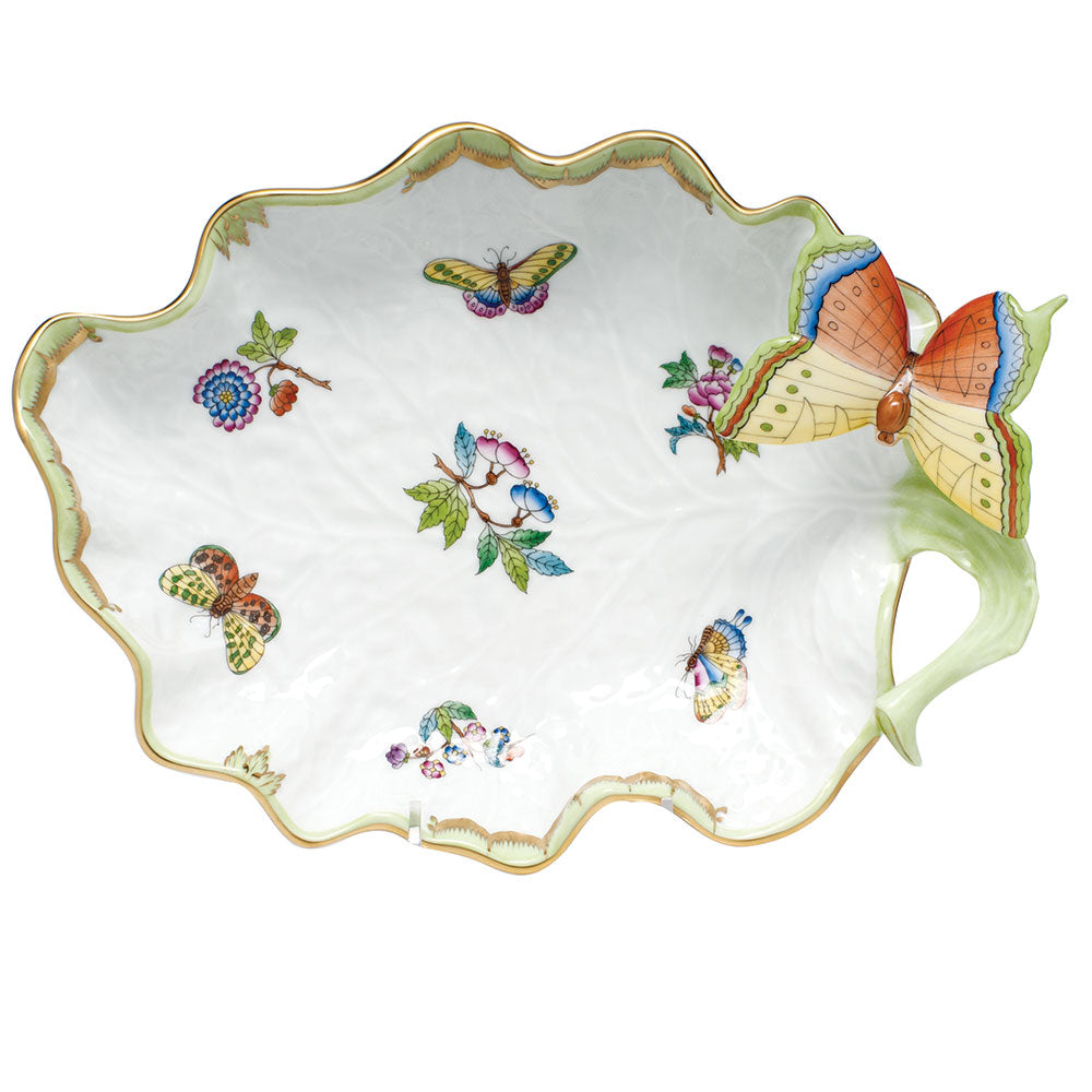 Queen Victoria Green Large Leaf Dish with Butterfly, Motif 17