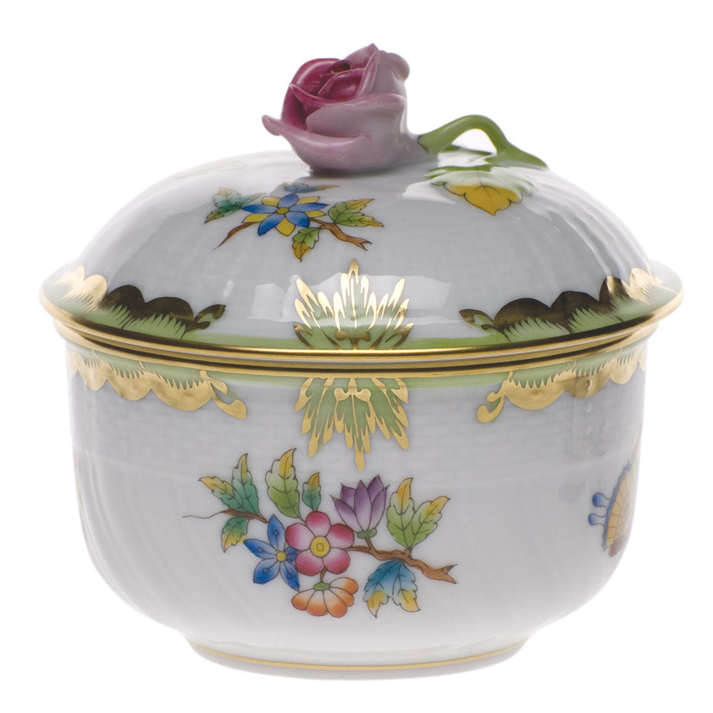 Queen Victoria Green Covered Sugar with Rose, Motif 9, 4 oz, 3.25″ tall