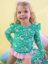 Girls Coconut Cabana Flutter Long Sleeve Rash Guard Skirted 2-Piece Swimsuit