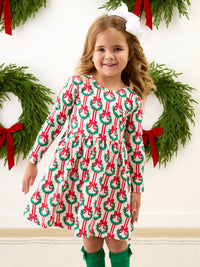 Girls Deck The Halls Christmas Knit Long Sleeve Twirl Dress