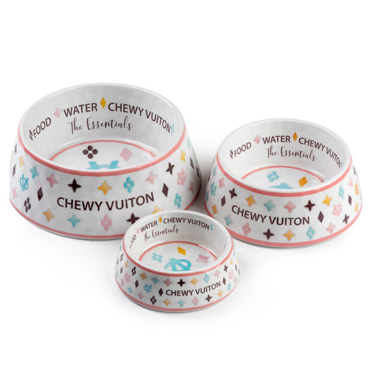 White Chewy Vuiton Dog Bowl - Large