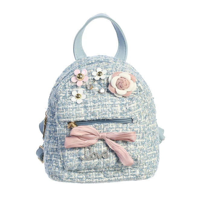 Blue Tweed Backpack with Flowers