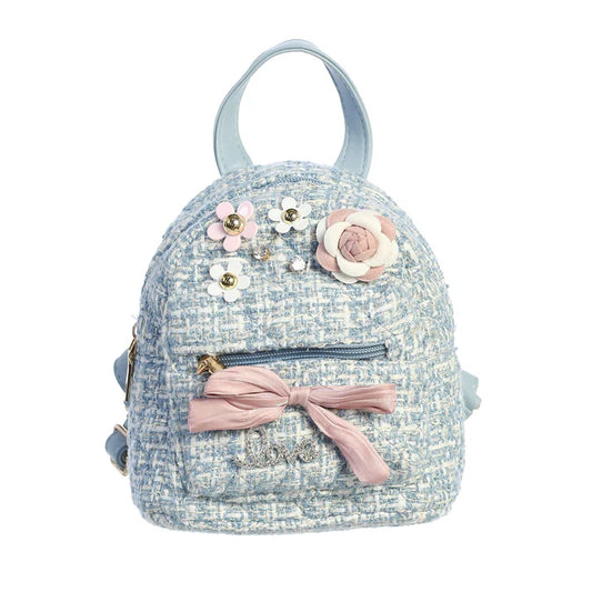 Blue Tweed Backpack with Flowers