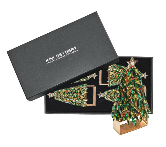 Bejeweled Xmas Napkin Ring in Red, Green & Gold, Set of 4 in a Gift Box