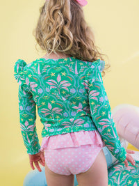 Girls Coconut Cabana Flutter Long Sleeve Rash Guard Skirted 2-Piece Swimsuit