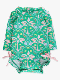 Baby Girls Coconut Cabana Long Sleeve One Piece Rash Guard Swimsuit with Signature Rear Ruffles