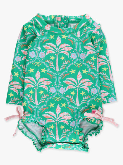 Baby Girls Coconut Cabana Long Sleeve One Piece Rash Guard Swimsuit with Signature Rear Ruffles