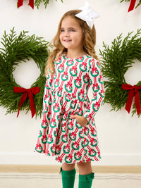Girls Deck The Halls Christmas Knit Long Sleeve Twirl Dress