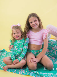 Girls Coconut Cabana Flutter Long Sleeve Rash Guard Skirted 2-Piece Swimsuit