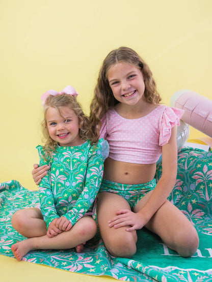 Girls Coconut Cabana Flutter Long Sleeve Rash Guard Skirted 2-Piece Swimsuit