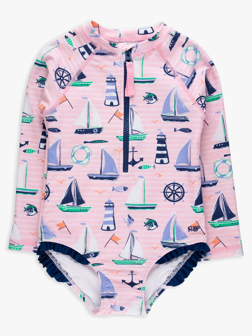 Girls Sweet Sails LS 1-pc Rash Guard Swimsuit w/ Ruffles