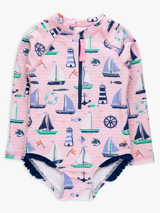 Girls Sweet Sails LS 1-pc Rash Guard Swimsuit w/ Ruffles