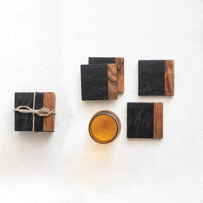 Marble & Acacia Wood Coasters Set