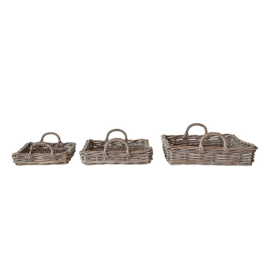 Decorative Woven Rattan Trays w/ Handles, Set of 3