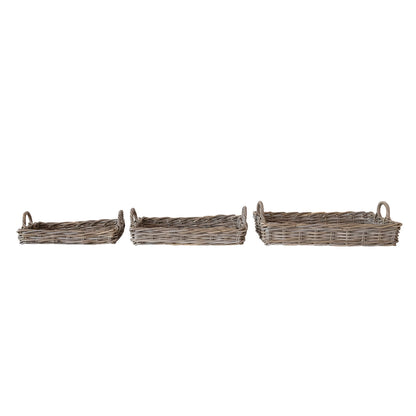 Decorative Woven Rattan Trays w/ Handles, Set of 3
