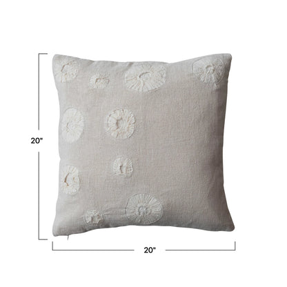 Square Woven Cotton & Linen Pillow w/ Applique 20"