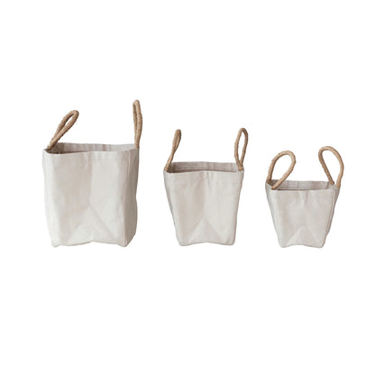 Cotton Canvas Containers w/ Braided Raffia Handles, Set of 3