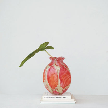 Green and Coral Art Glass Vase