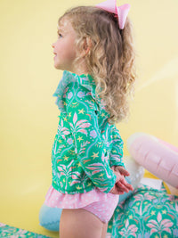Girls Coconut Cabana Flutter Long Sleeve Rash Guard Skirted 2-Piece Swimsuit
